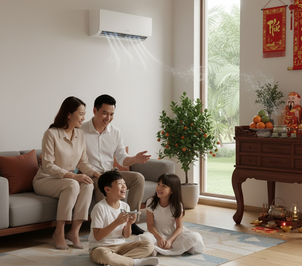 gia đình hạnh phúc đang quây quần trong phòng khách mát mẻ